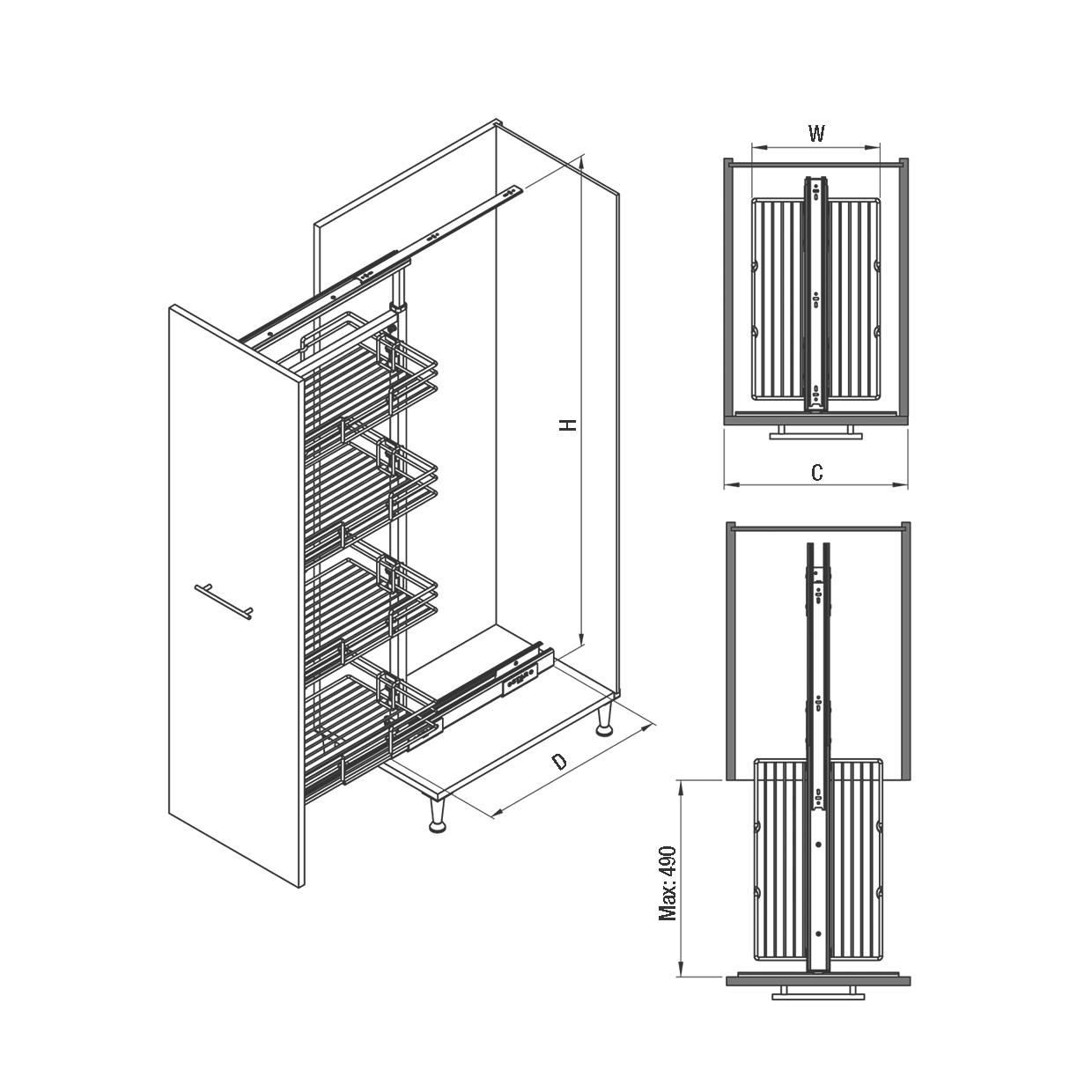 [S-1513-C]  White Wooden Bottom 4 Baskets Telescopic Pantry